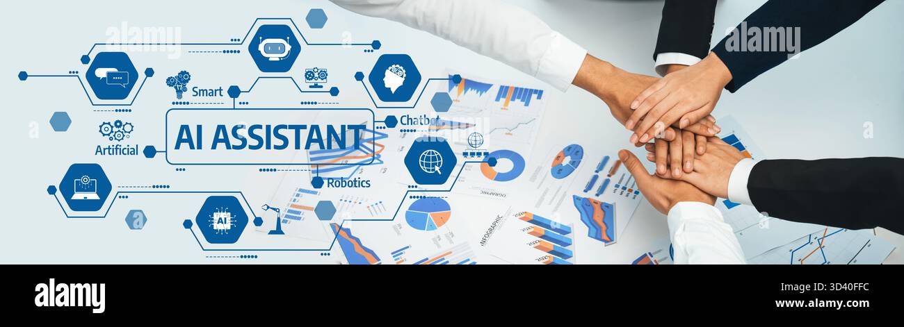 A business team collaborates around concepts of artificial intelligence ...