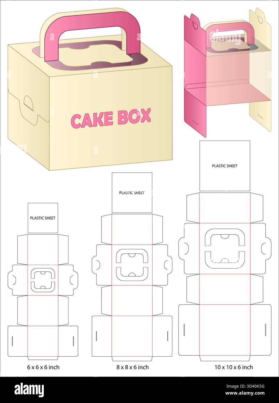 Cake Box Dieline Vector with Handle and Transparent Window  Multi Size Packaging Layout Stock Vector