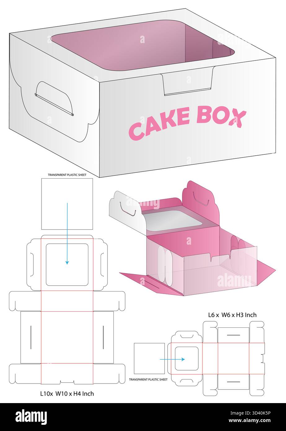 Cake Box Dieline Vector with Handle and Transparent Window Multi Size Foldable Layout Stock Vector