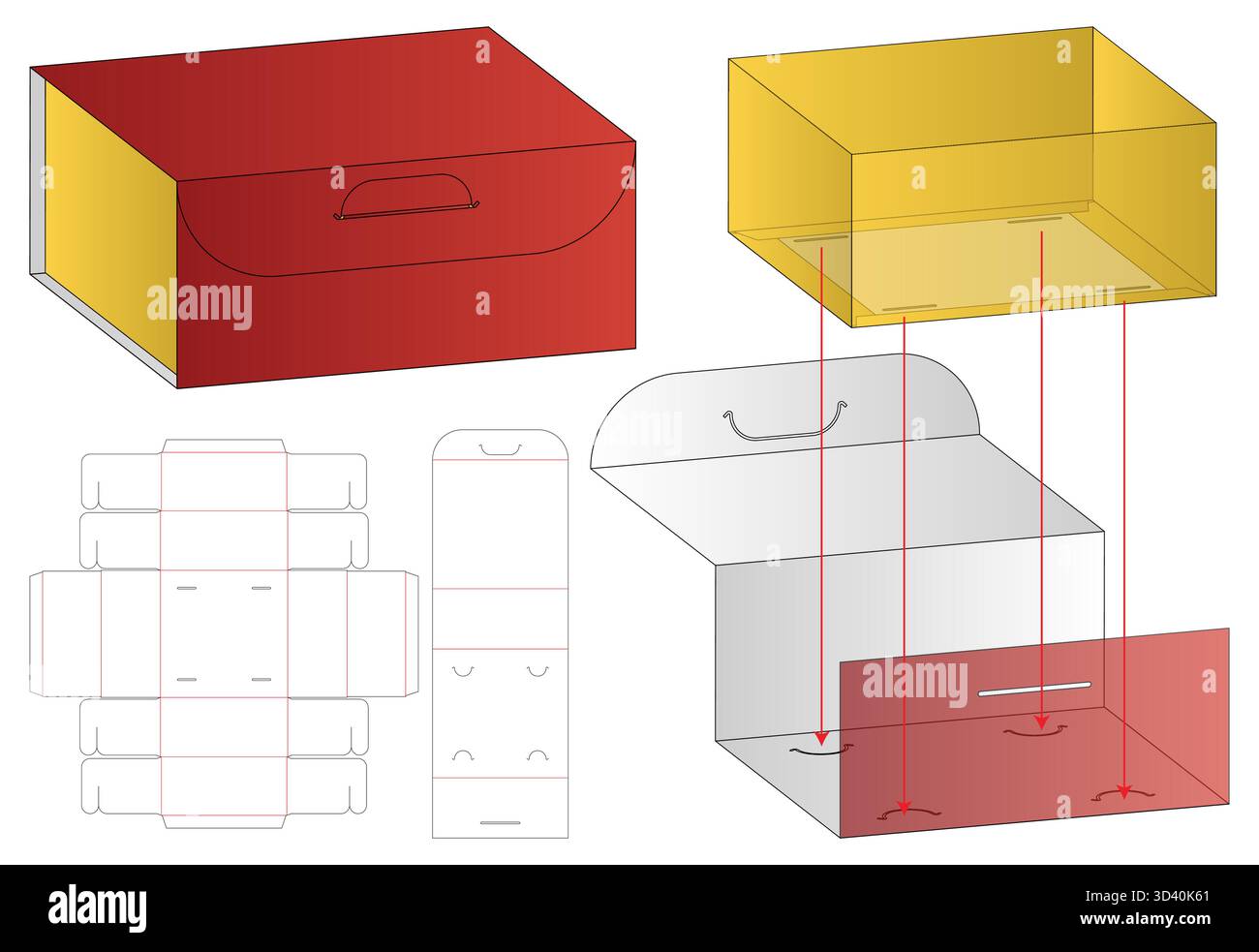 Foldable Packaging Box Dieline Vector with Handle and Exploded Structural View Stock Vector