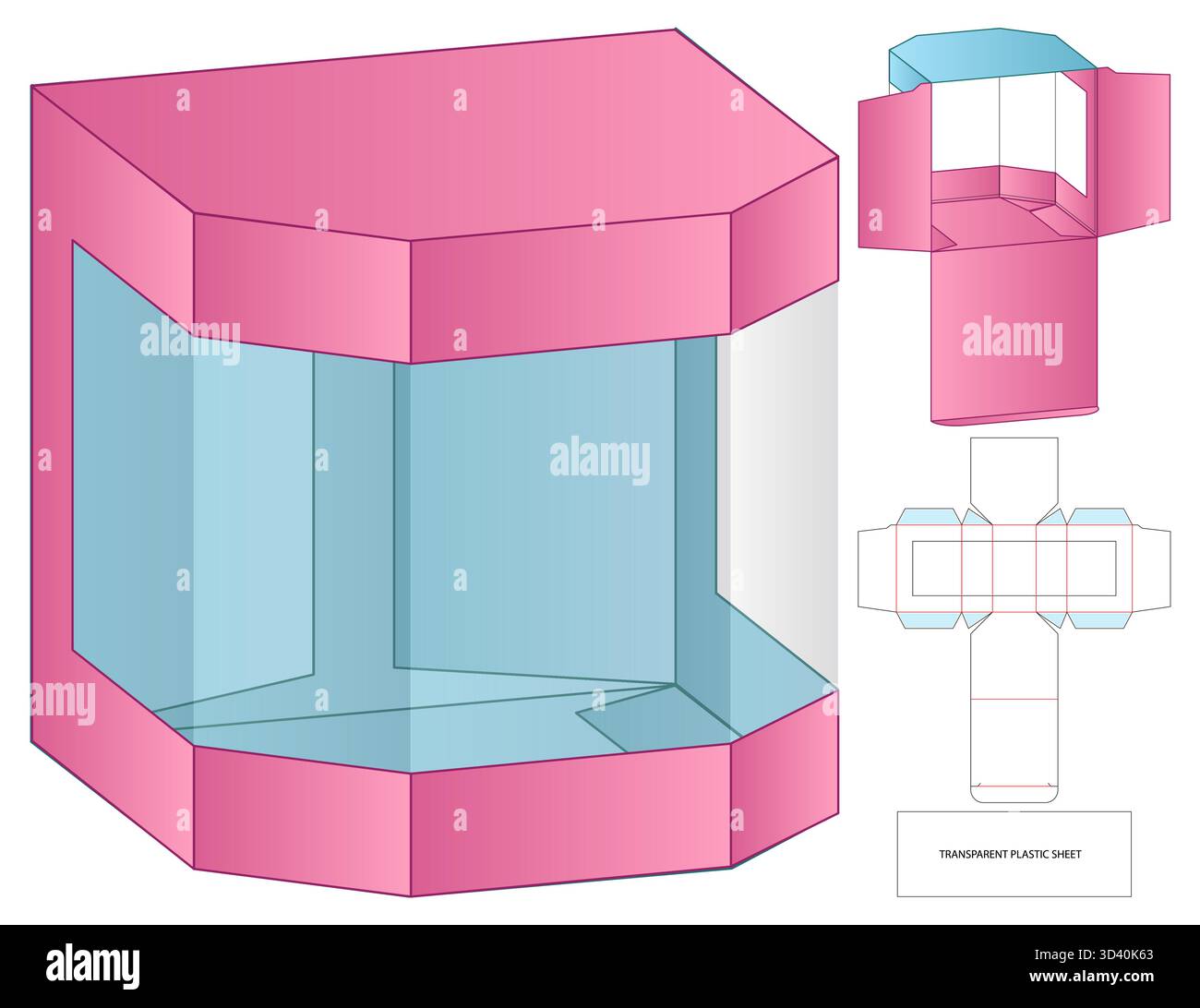 Transparent Plastic Box Dieline Vector with Colored Net and 3D Assembly View Stock Vector