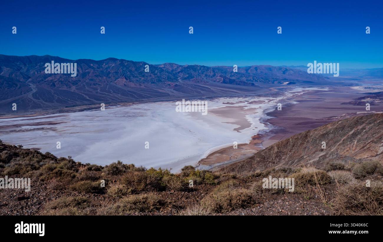 Looking down on Bad Water and the Armagosa River Valley from Dante's Overlook, Death Valley National Park, California. Stock Photo