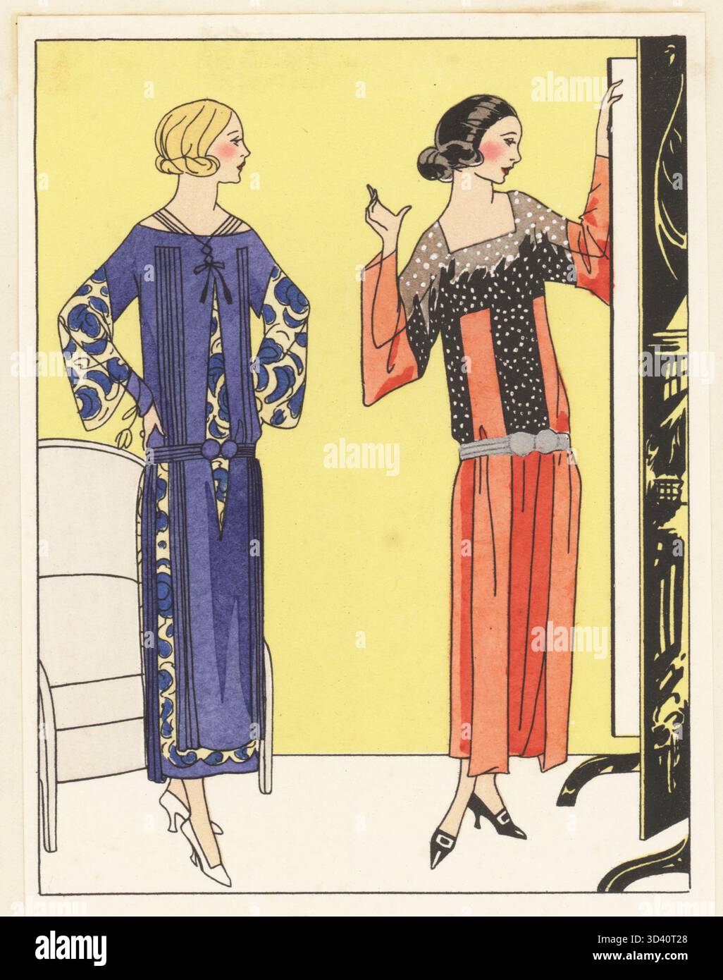 blue serge dress Woman in blue silk serge dress and woman in brown wool cloth dress. Handcolored pochoir (stencil) lithograph from the French luxury fashion magazine Art, Gout, Beaute, 1925 Stock Photo