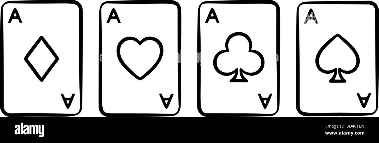 Set of poker playing cards in doodle style. Casino and poker playing cards icons set in linear style vector illustration. Stock Vector