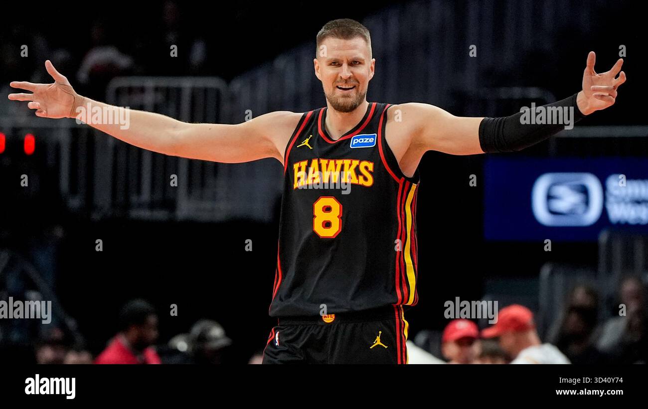 Atlanta Hawks center Kristaps Porzingis (8) reacts to play against the