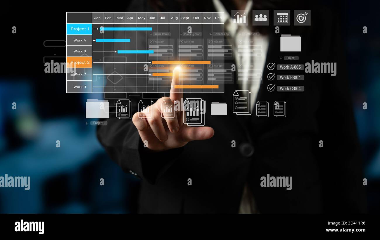 Digital visualization of multiple project timelines with progress tracking, documents, and team collaboration symbols Parse Stock Photo