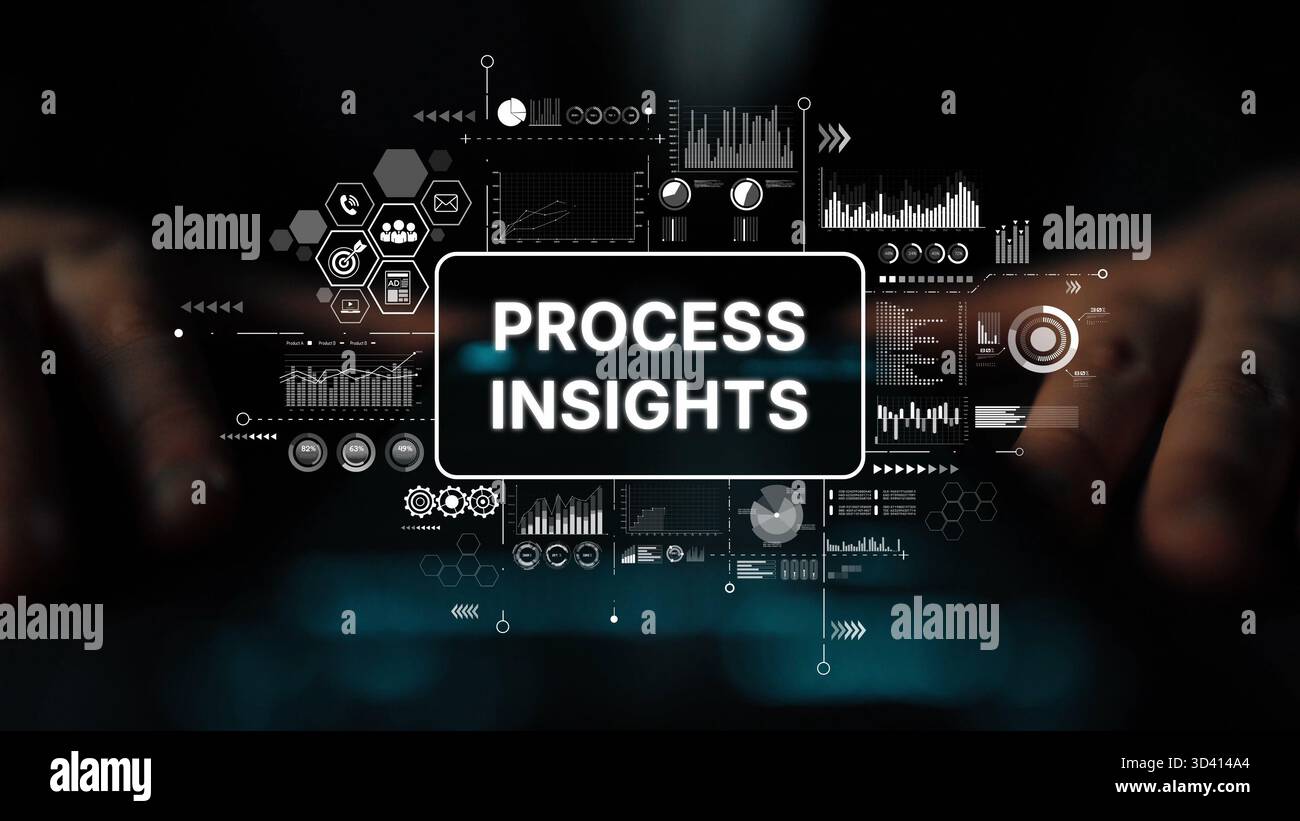 Hands Connecting with Digital Interface Displaying Process Insights and Analytical Data Visualization for Business Growth. Asymptotic smart data Stock Photo