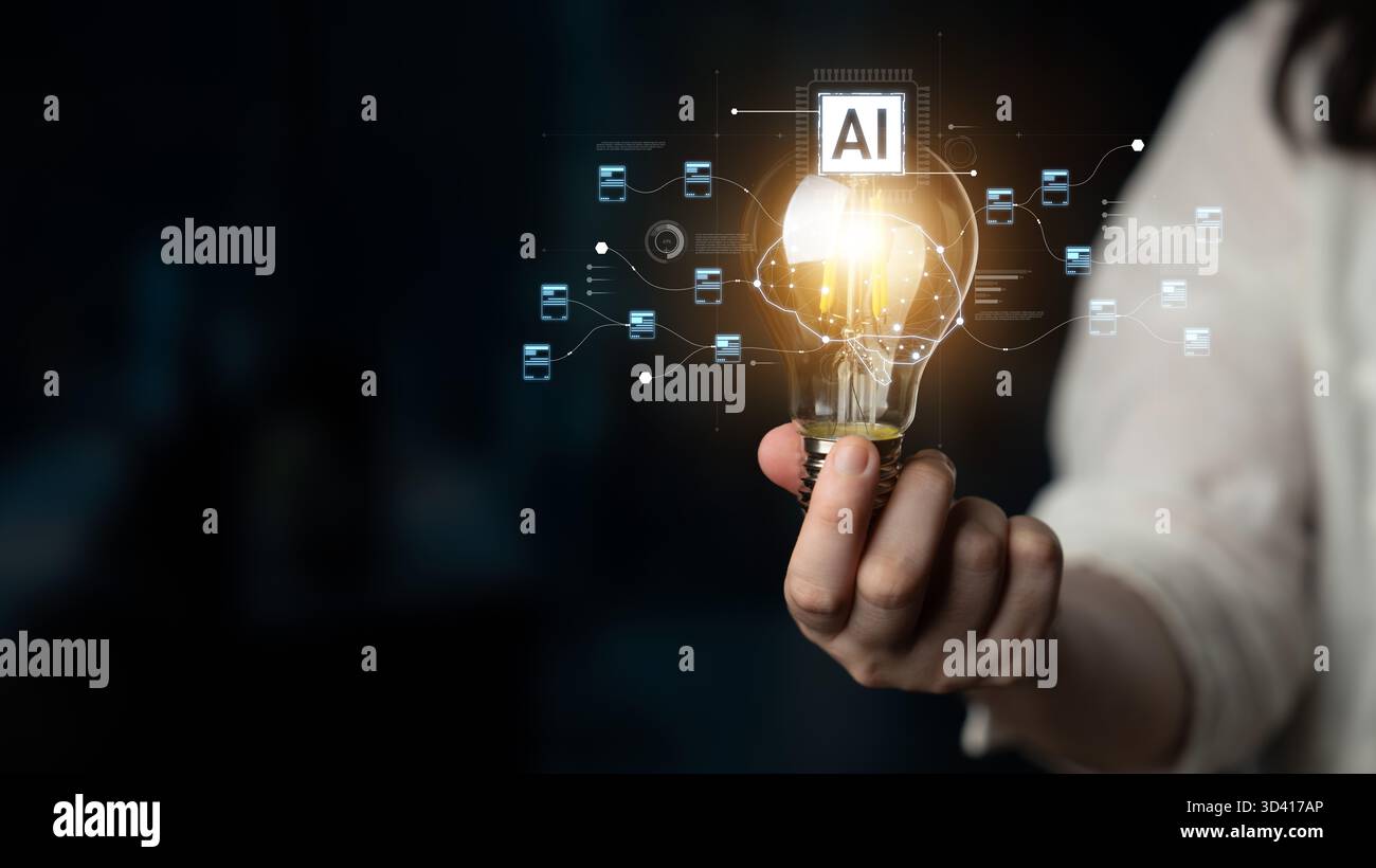 AI neural network and data processing system visualizing artificial intelligence with brain structure, chip, and connected data blocks for computation Stock Photo
