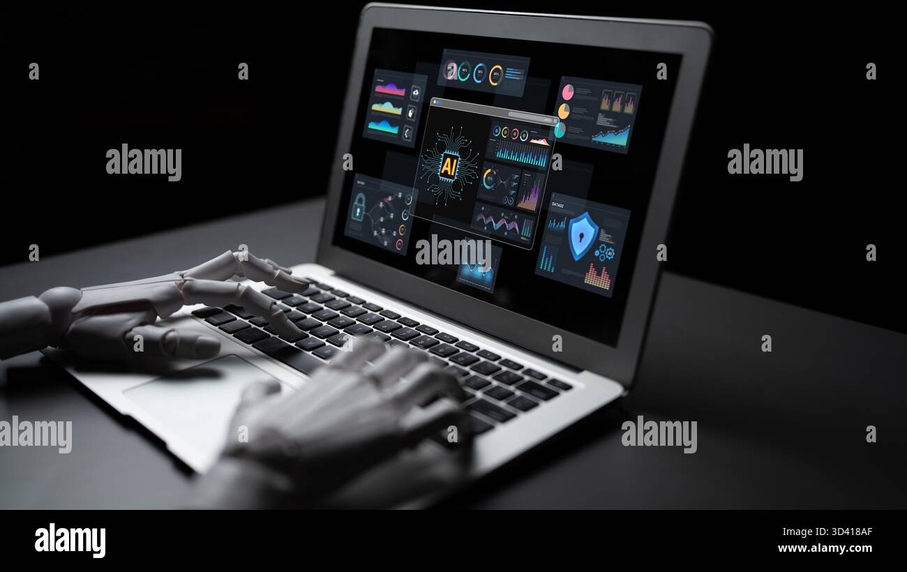 A generative AI assistant creates and manages a business intelligence dashboard. The system provides real-time data analytics, predictive Stock Photo