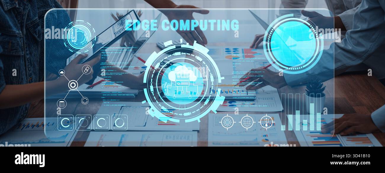 A dynamic modern office scene showcasing edge computing concepts through innovative data analysis and collaborative teamwork, reflecting the future of Stock Photo