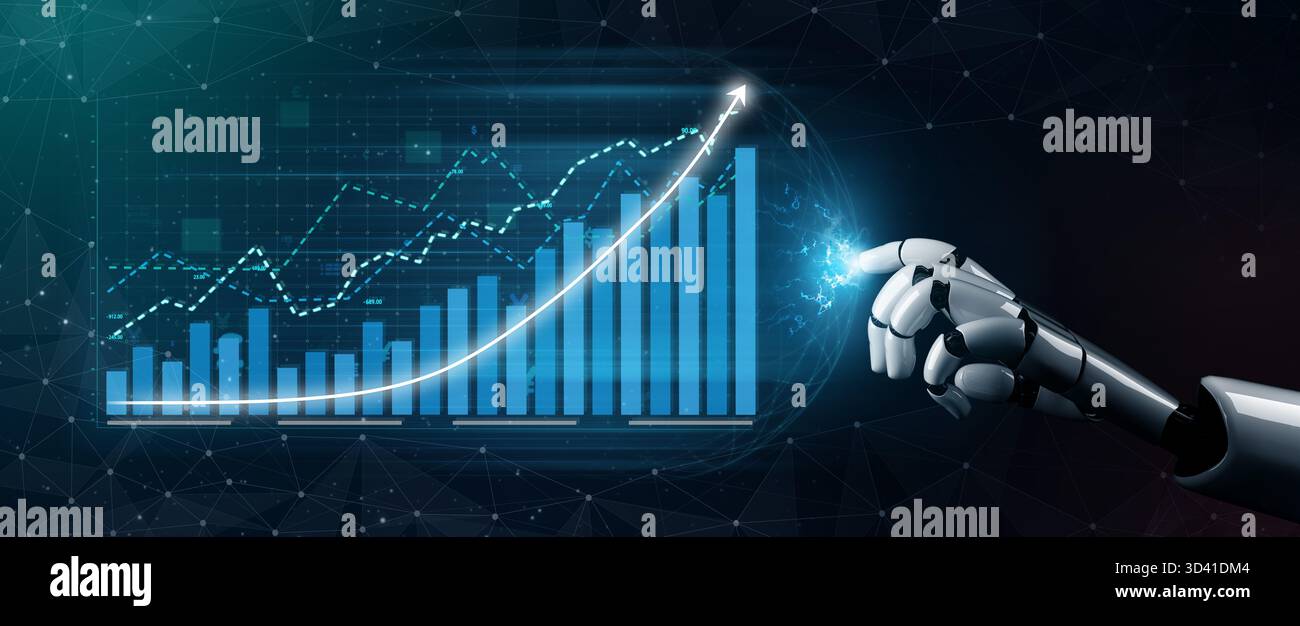 A robotic hand interacts with dynamic data graphs, representing growth ...