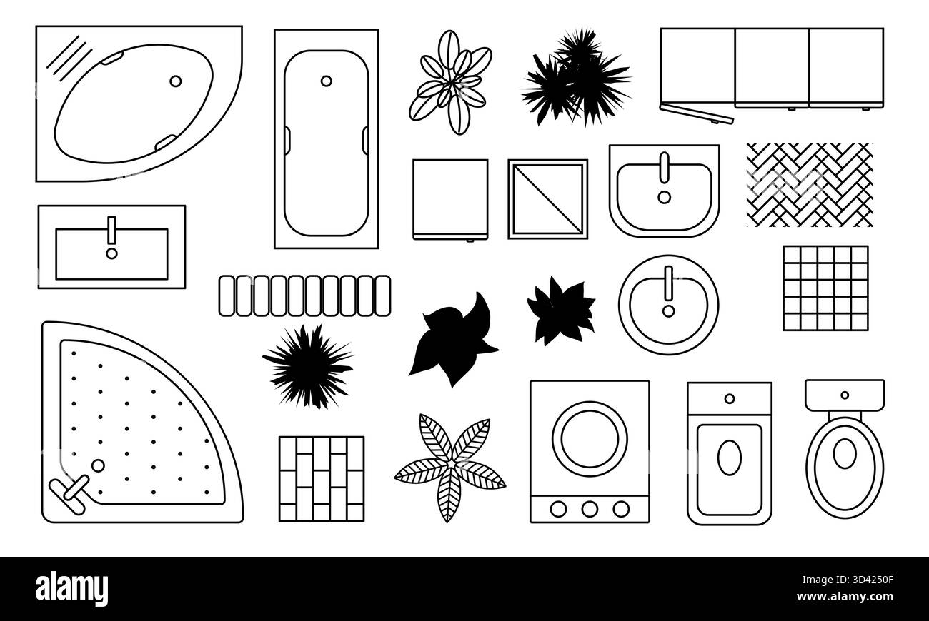Modern bathroom interior elements vector set. Furniture outline top ...