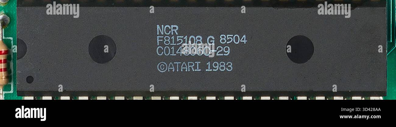 F8 two-chip microcontroller system, consisting of a CPU and a Program Storage Unit (PSU). For Atari 7800, 1983 Stock Photo