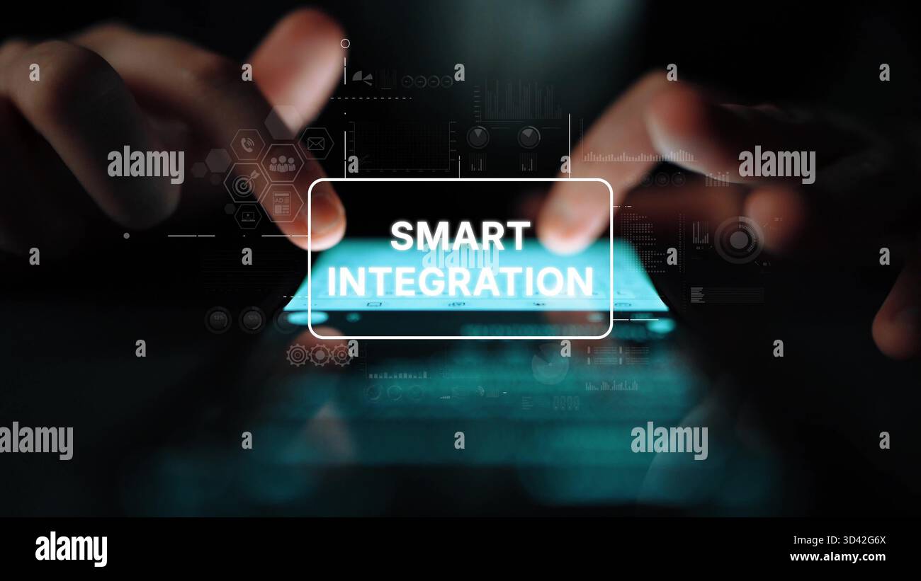 Modern Hands Using Smartphone with Smart Integration Concept and Digital Interface Elements in Dark Environment. Asymptotic smart data analytic. Stock Photo