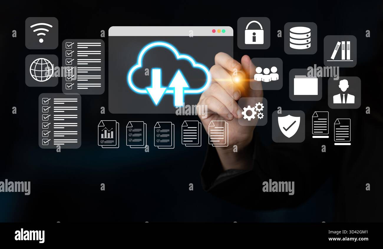 Cloud upload and download icon with surrounding data management, security, and analytics icons in digital interface Parse Stock Photo