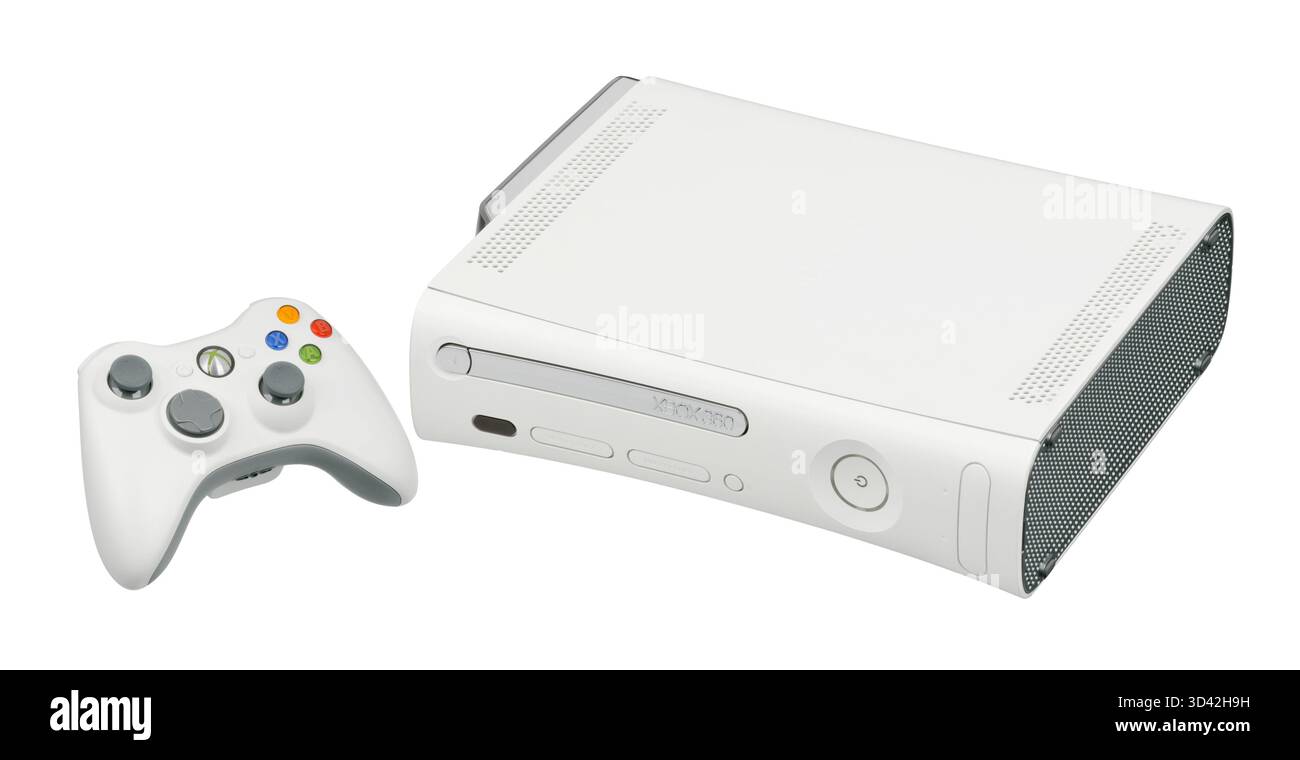 2005 MS Xbox 360 Pro Premium video game console with a wireless controller. It was the second video game console produced by Microsoft Stock Photo