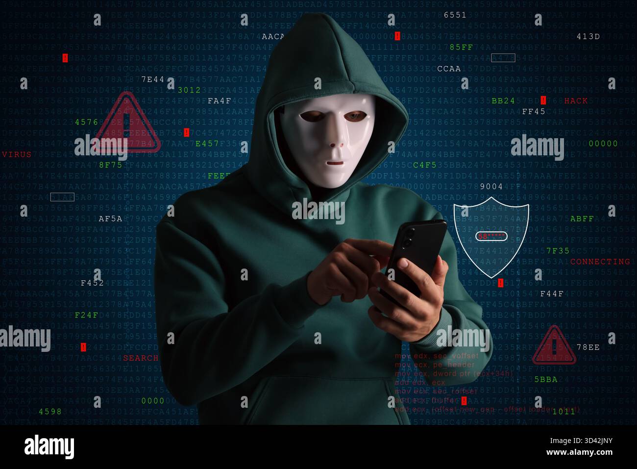 Cyber attack. Anonymous hacker using mobile phone to crack password on ...