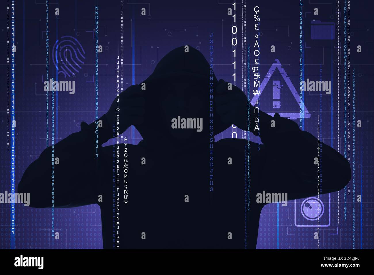 Cyber attack. Anonymous hacker in mask on dark blue background. Programming codes and different symbols Stock Photo