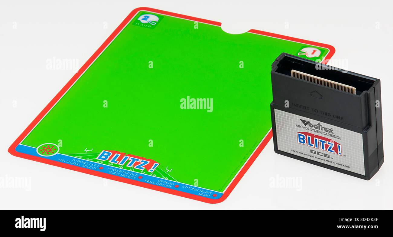 GCE Blitz! Action Football game (1982) cartridge for the Vectrex home video game console, green screen overlay Stock Photo