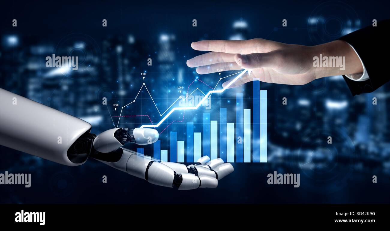 A futuristic depiction of a human hand reaching out to a robotic hand ...