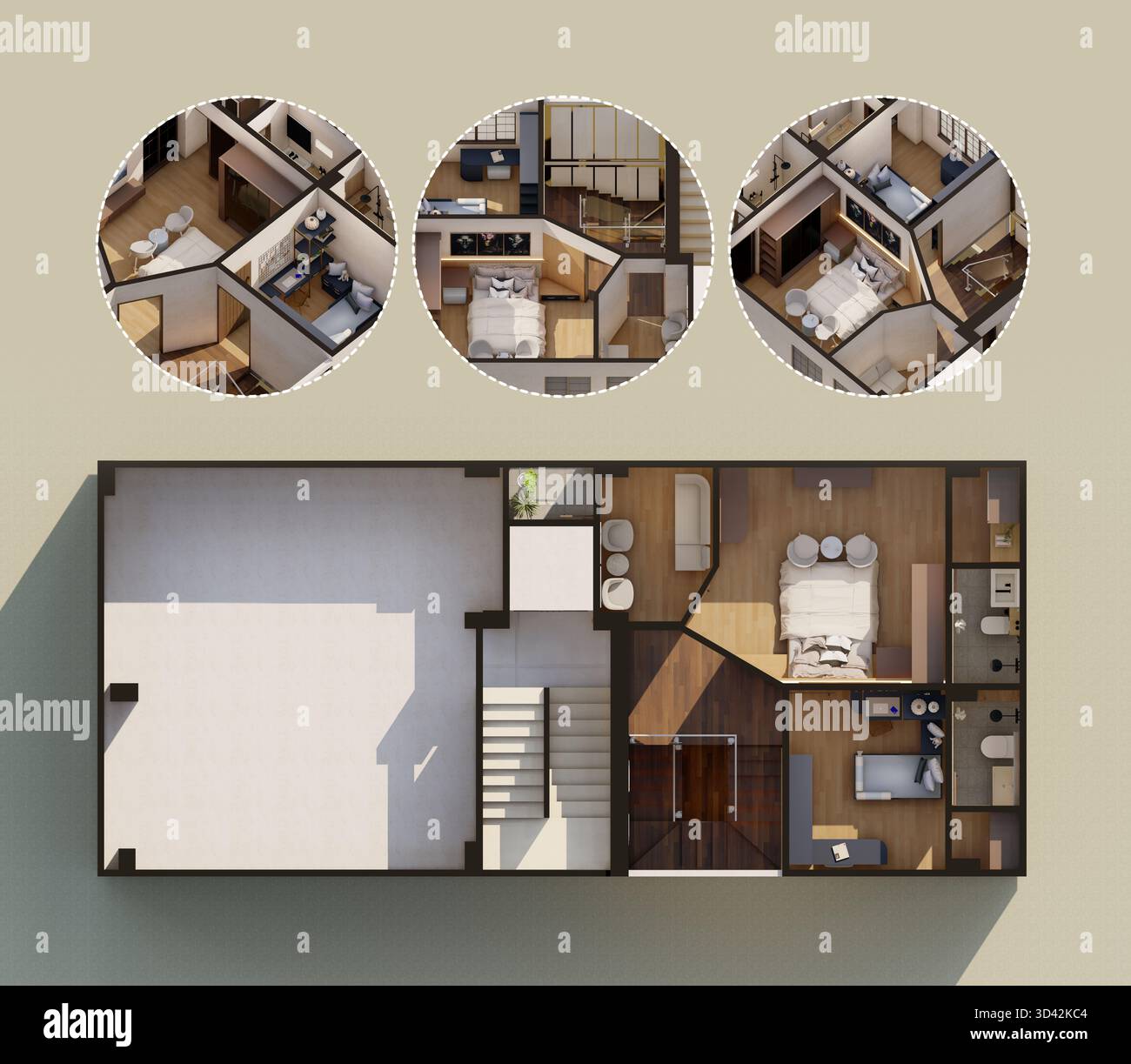 3D Modern House Architectural Floor Plan with Blow Up of Interior Stock ...