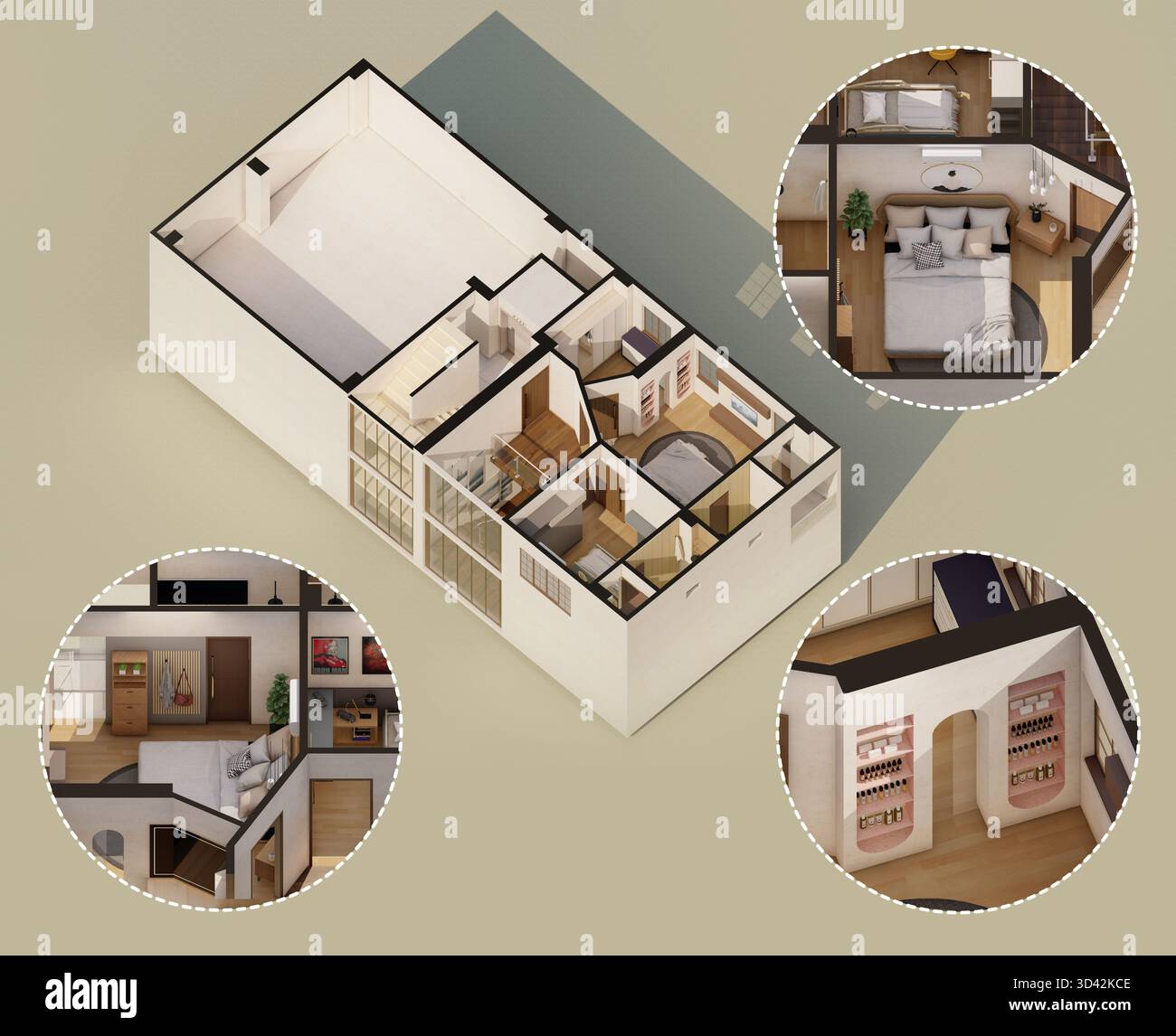 3D Modern House Architectural Floor Plan with Blow Up of Interior Stock ...