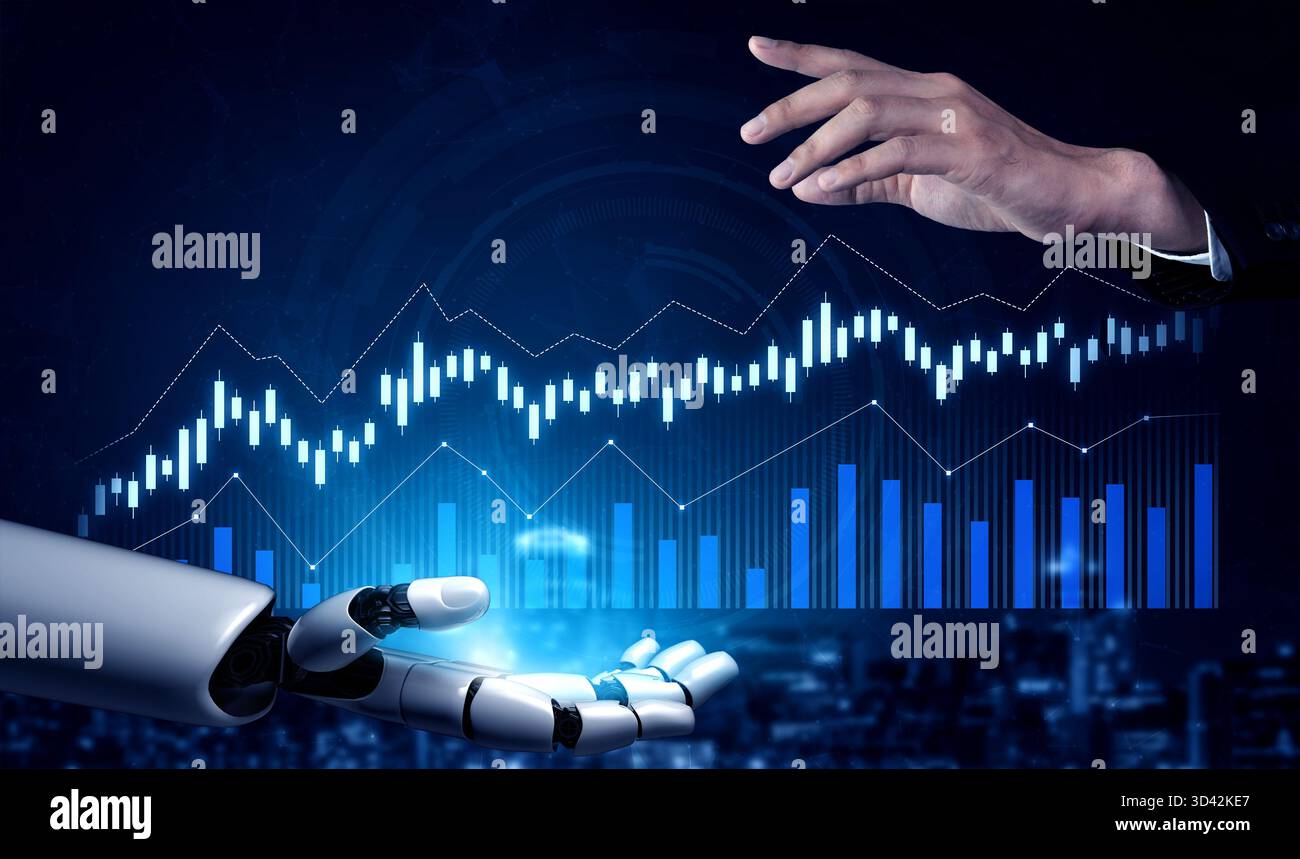 Visualize Synergy A robotic hand reaches towards a human hand against a digital backdrop ...