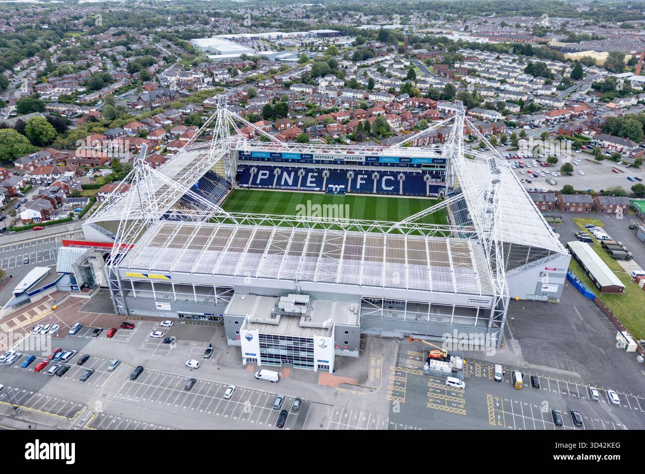 Aerial view of Deepdale,home ground of Preston North End, Preston, Lancashire, UK. Stock Photo
