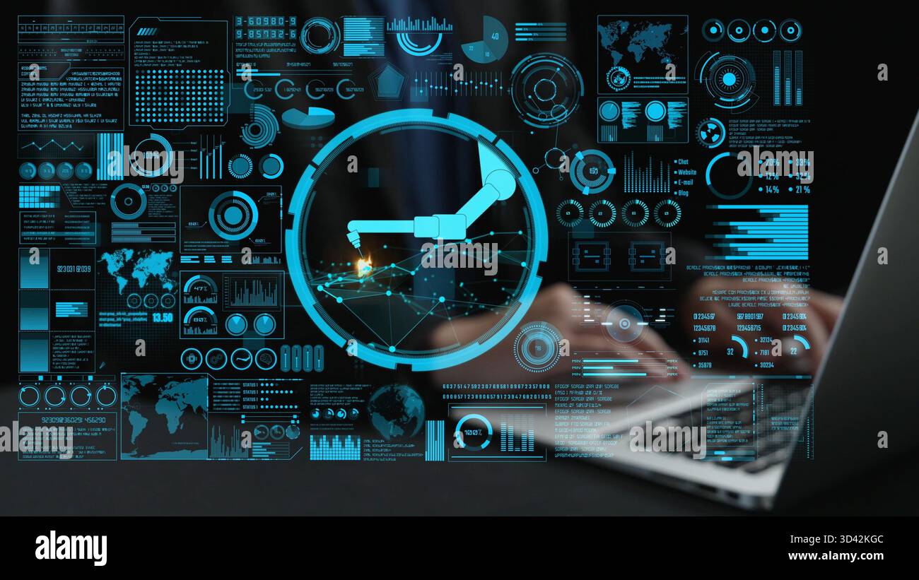 This image features a robotic arm interacting with a digital interface ...