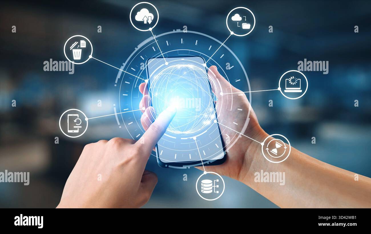 Cloud backup system connects devices through a secure data backup network. Data backup ensures protection, data backup reliability, and recovery. Gist Stock Photo