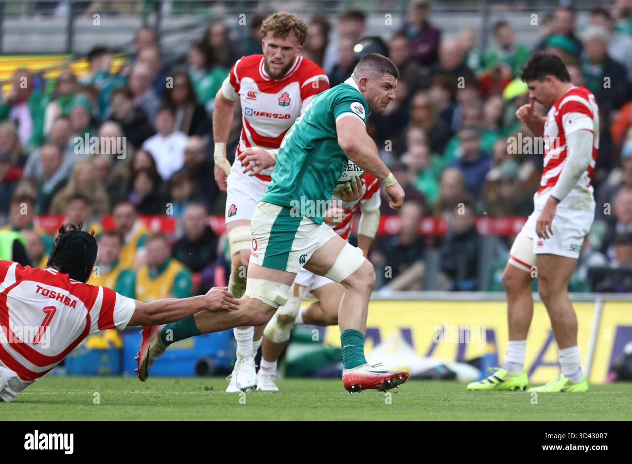 Ireland's Nick Timoney breaks through to score a try during the rugby ...