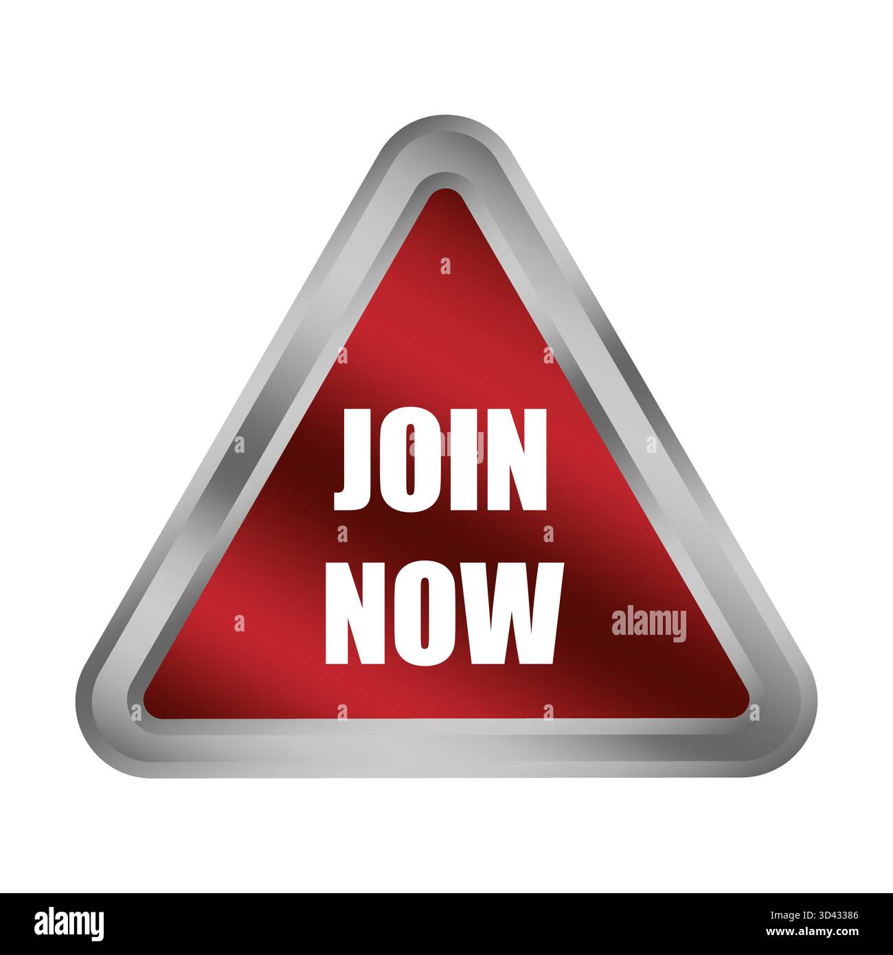 Red join now button. Metallic triangle shape. Membership sign Vector. Urgent action emblem. EPS 10. Stock Vector