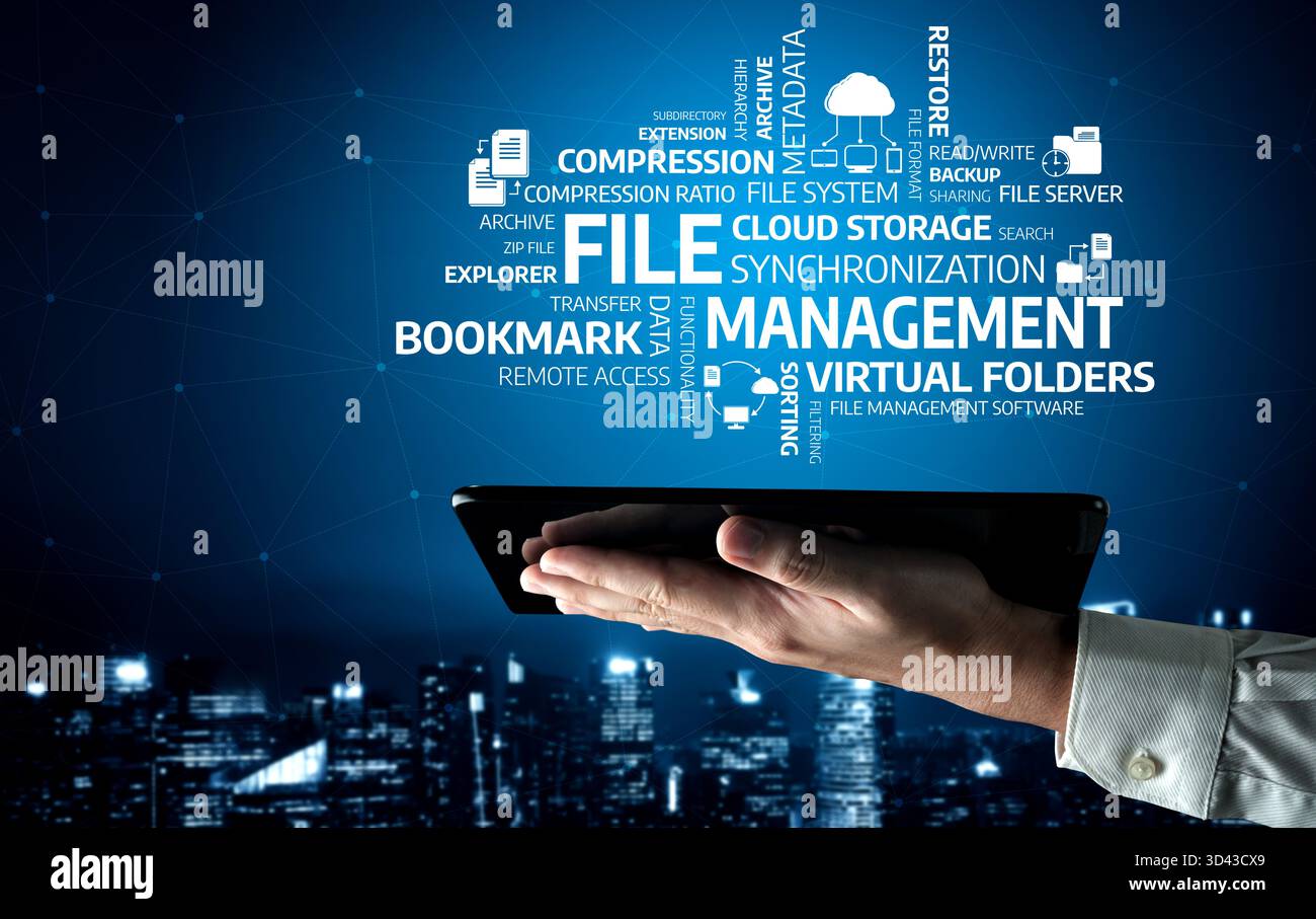 A captivating illustration showcasing key concepts in file management, including cloud storage, data synchronization, and secure access, emphasizing Stock Photo