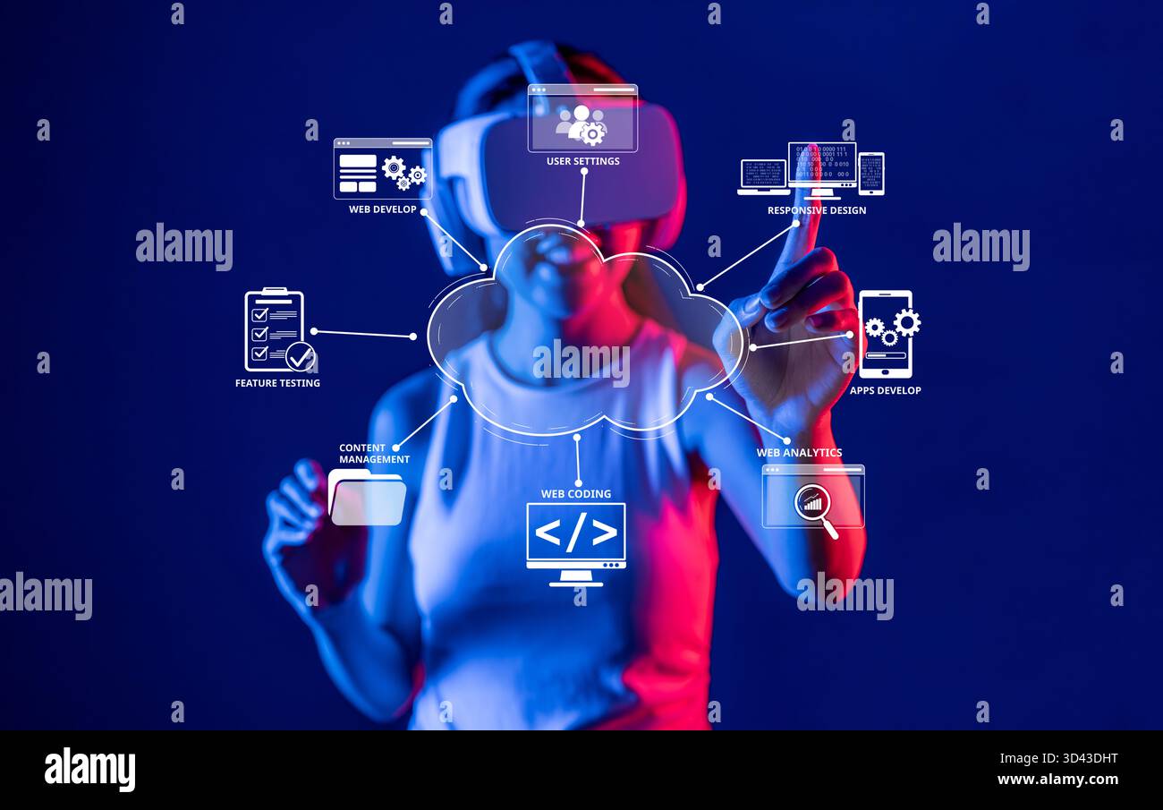 Explore the intersection of cloud computing and web development featuring a user engaging with virtual reality technology for enhanced interactive Stock Photo