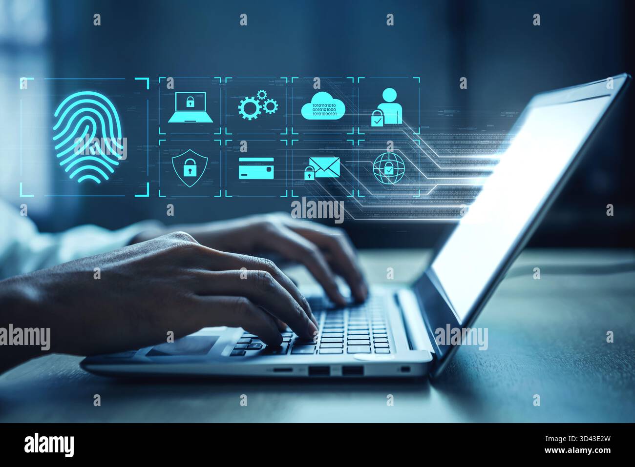 System for safeguarding digital identity using fingerprint authentication, encryption, and secure access protocols across cloud, device, and personal Stock Photo