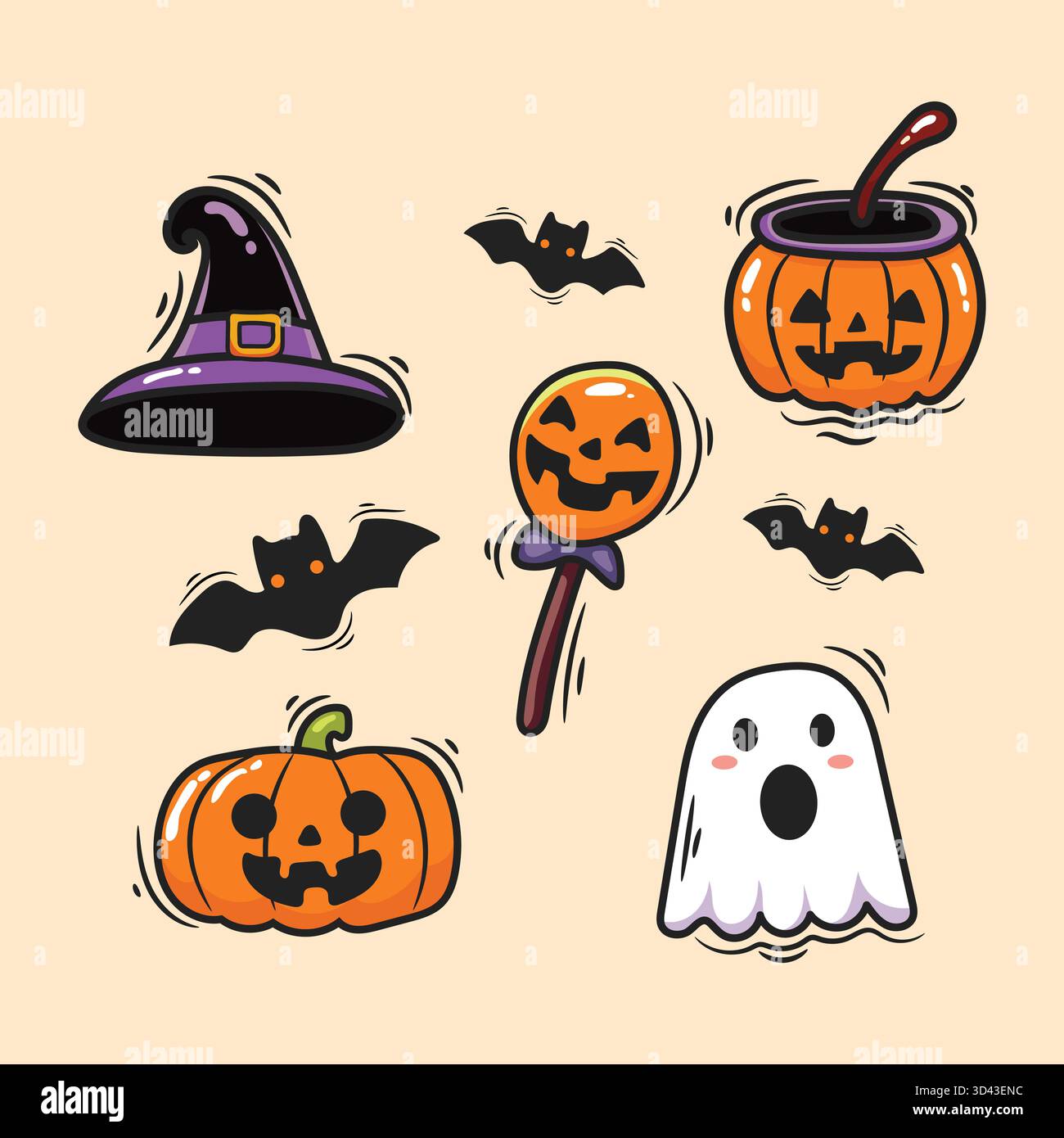 Cute Halloween Vector Set Featuring Witch Hat, Bats, Jack-o'-Lanterns ...