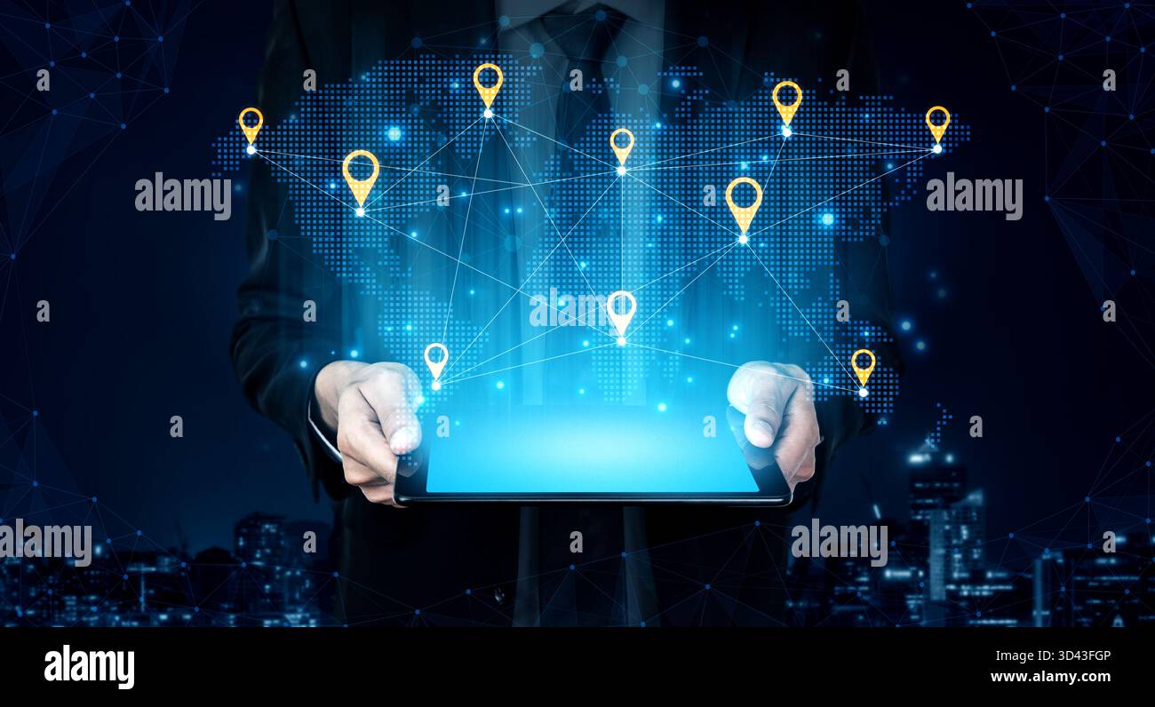 Location Chain Example Concept of a global logistics network with location pins on a world map ...
