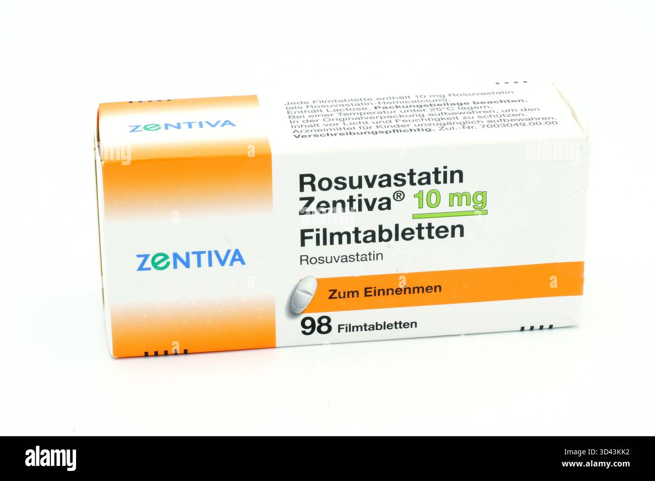 Photo of a packet of 98 Rosuvastatin 10 mg tablets produced by Zentiva Pharma of Berlin, labelled in German and Braille. Stock Photo