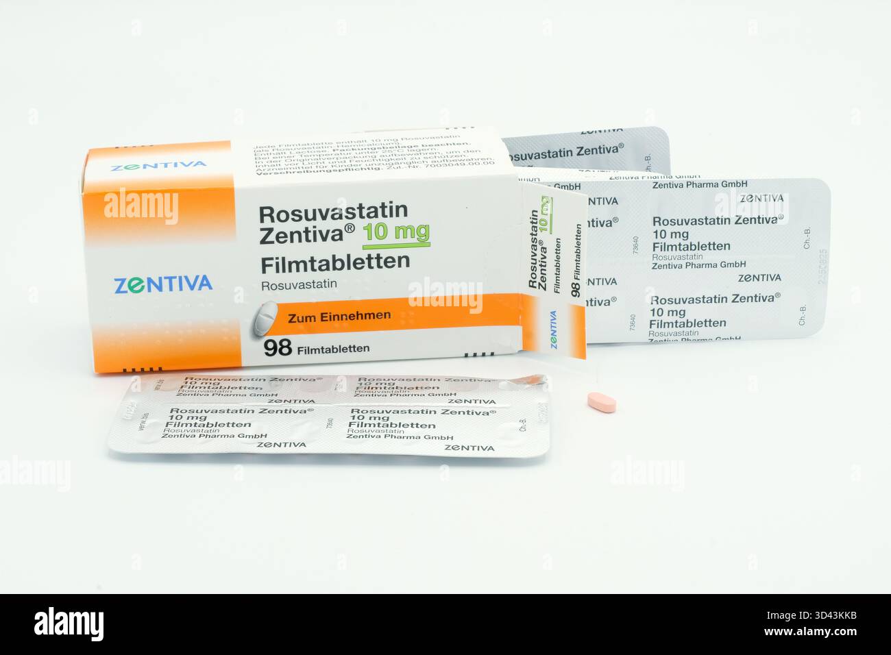 Photo of a packet of 98 Rosuvastatin 10 mg tablets produced by Zentiva Pharma of Berlin, labelled in German and Braille. Stock Photo