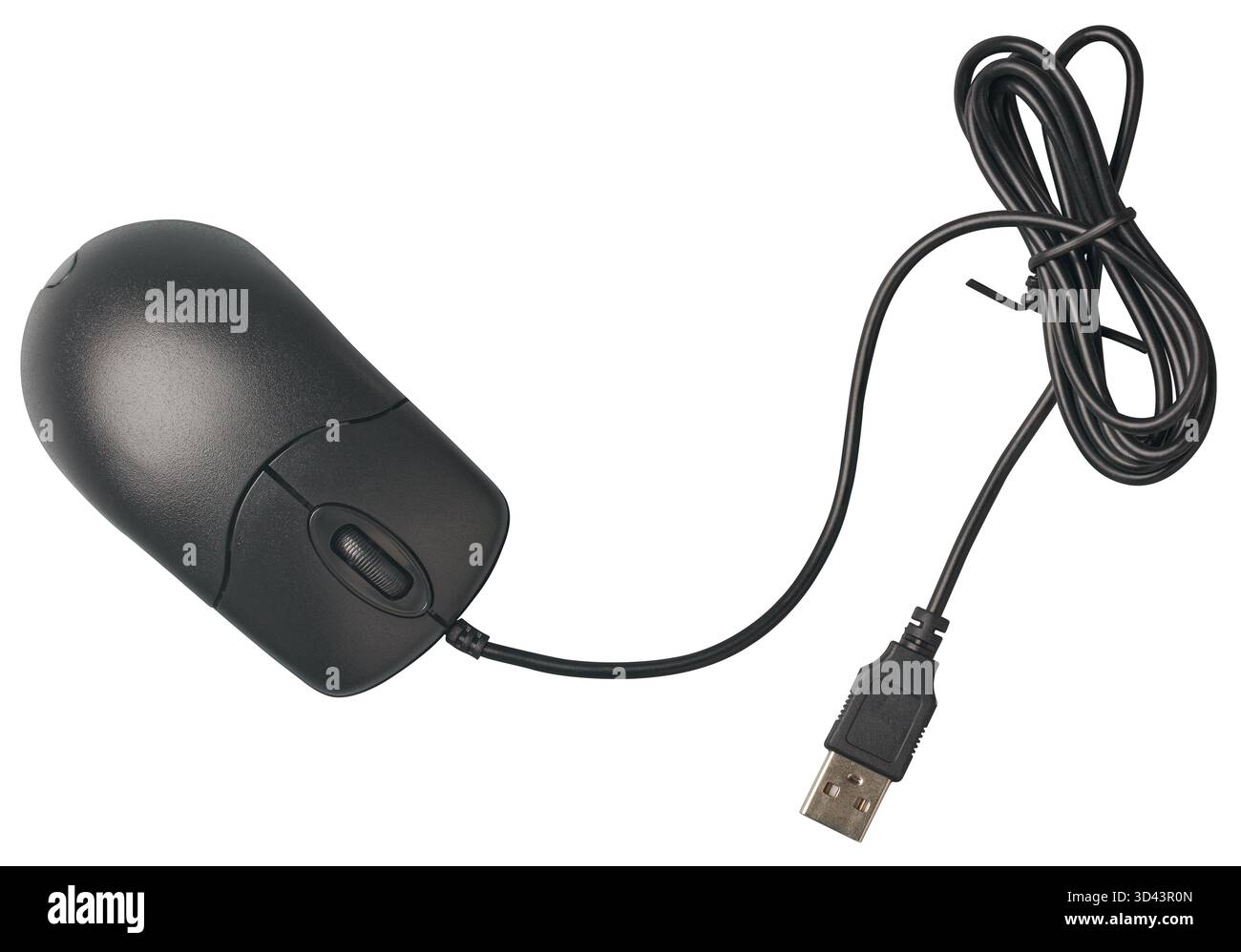 close-up of black wired computer mouse with coiled cable and usb connector isolated white background, minimalist peripheral for office work Stock Photo