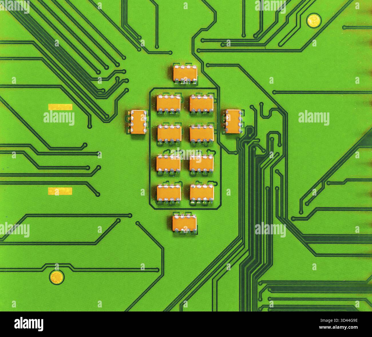 Macro Close up of microchips and pins on Main CPU PC processor circuit board Stock Photo