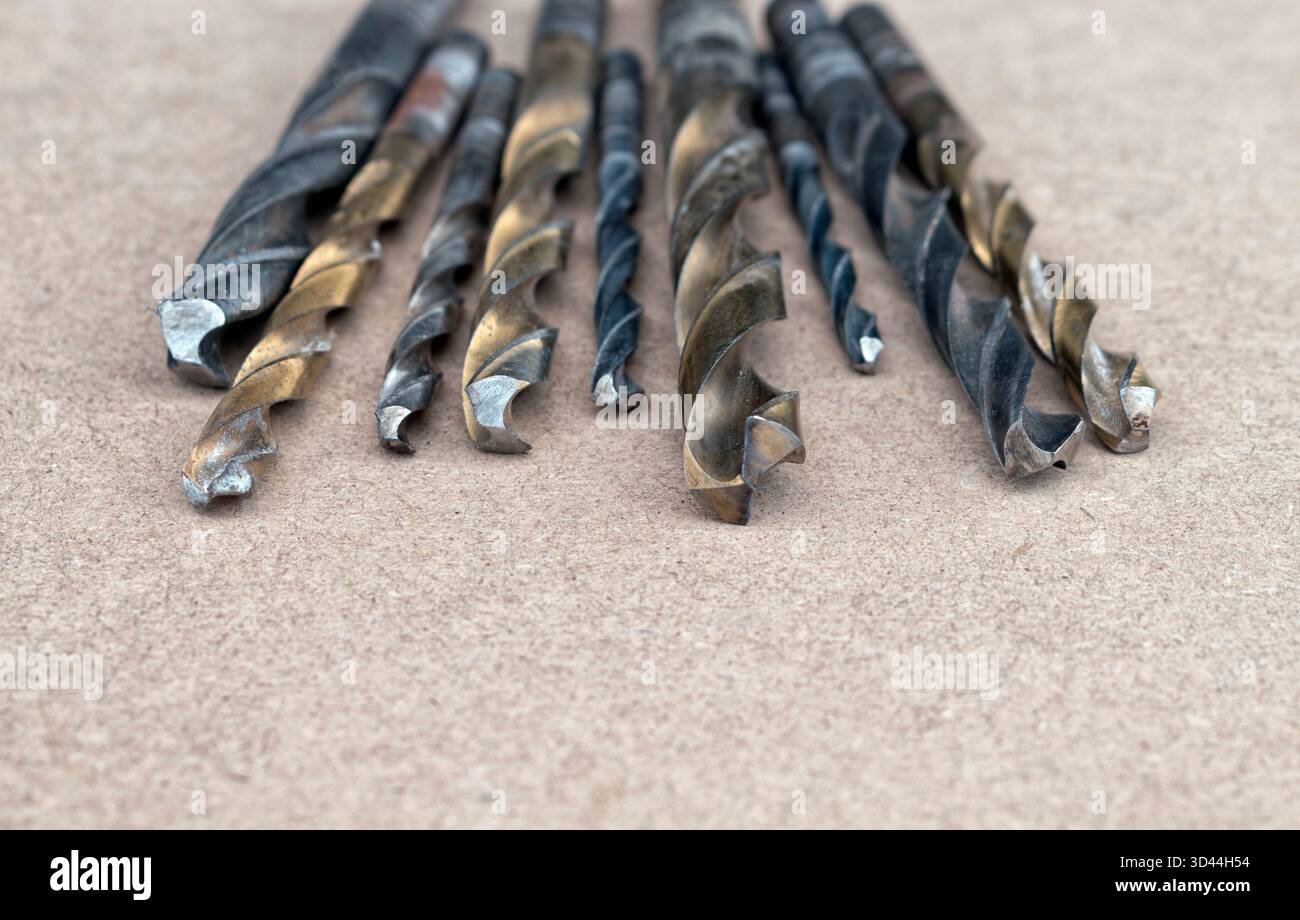 Slightly used mixed drill bits with different numbers Stock Photo