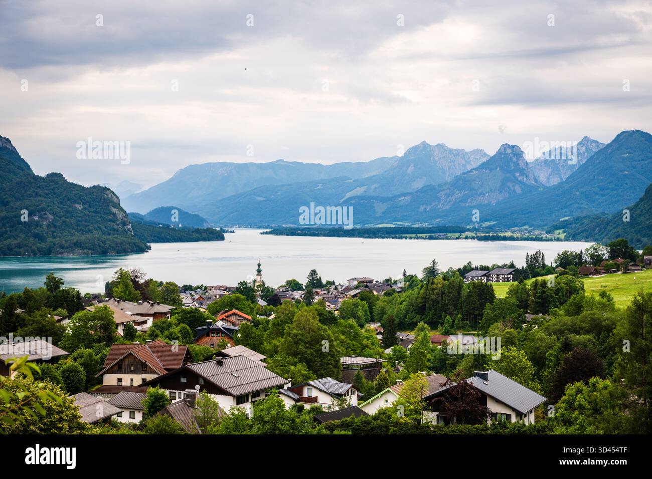 The Austrian Lake District, also known as the Salzkammergut, is a region east of Salzburg known for its 76 lakes, alpine peaks, and picturesque villag Stock Photo