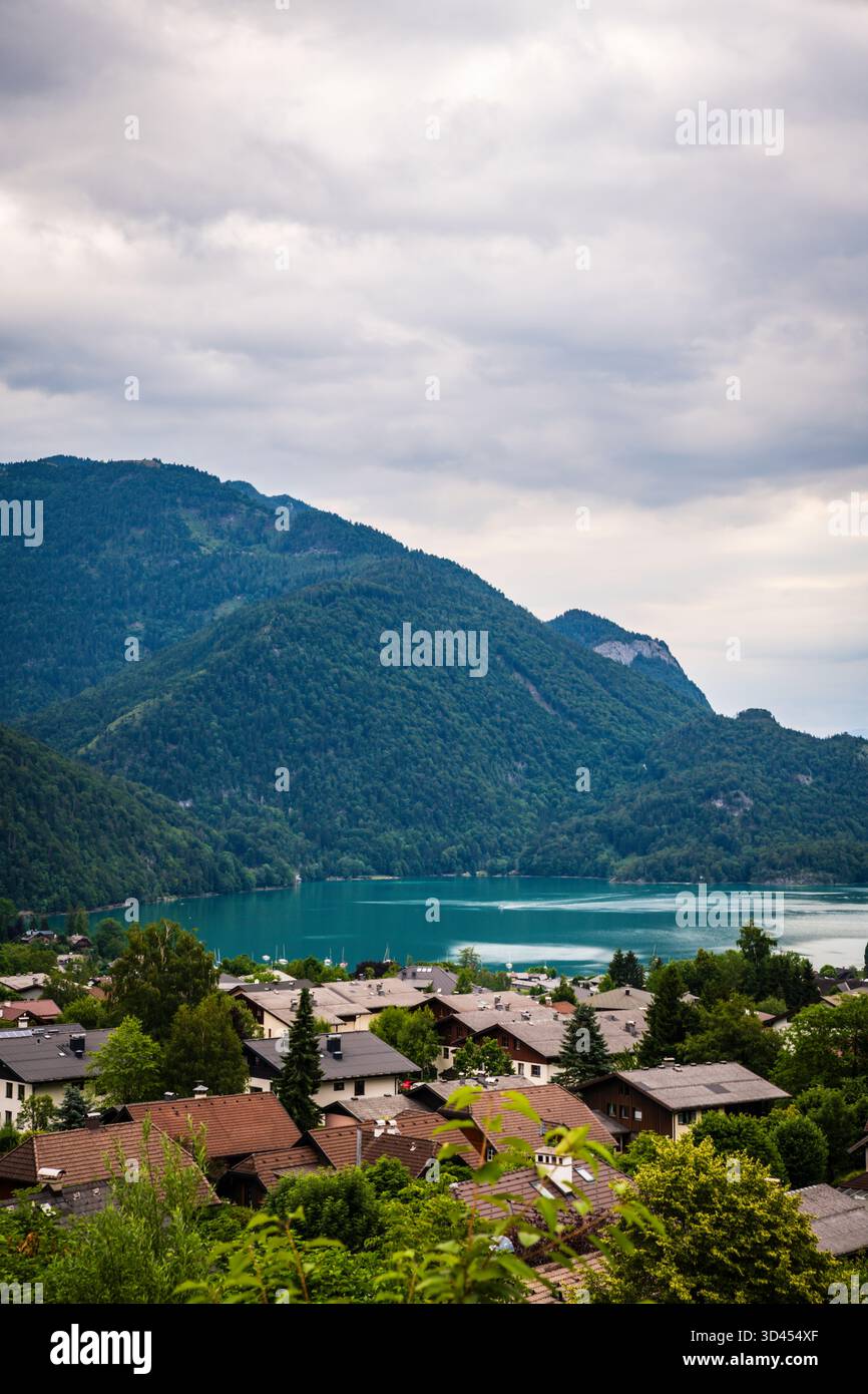 The Austrian Lake District, also known as the Salzkammergut, is a region east of Salzburg known for its 76 lakes, alpine peaks, and picturesque villag Stock Photo