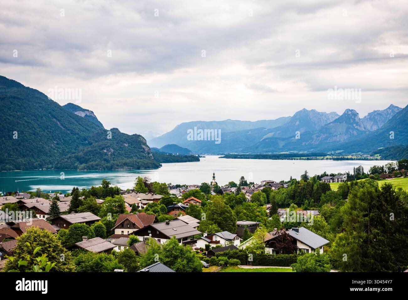 The Austrian Lake District, also known as the Salzkammergut, is a region east of Salzburg known for its 76 lakes, alpine peaks, and picturesque villag Stock Photo
