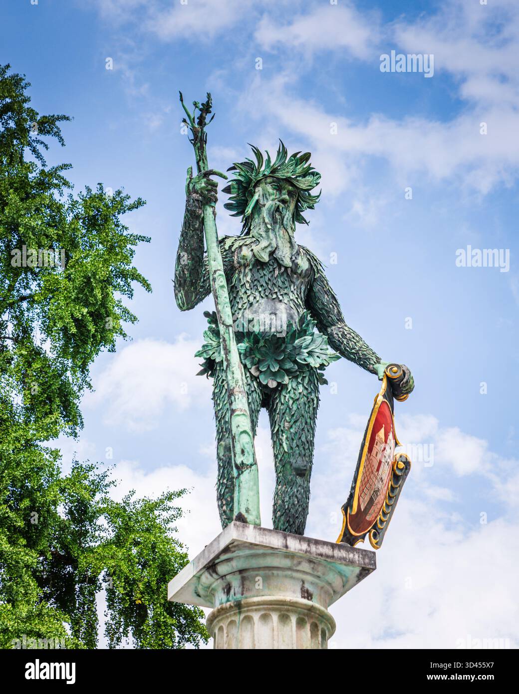 The 17th-century Wild Man Fountain (Wilder-Mann-Brunnen) in Salzburg, Austria, symbolizes the deep connection between humanity and nature. Stock Photo
