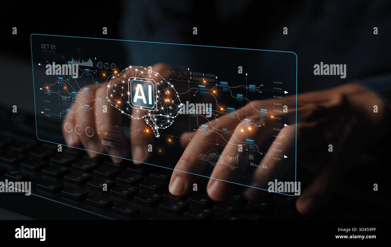 AI neural network and data processing system visualizing artificial intelligence with brain structure, chip, and connected data blocks for computation Stock Photo