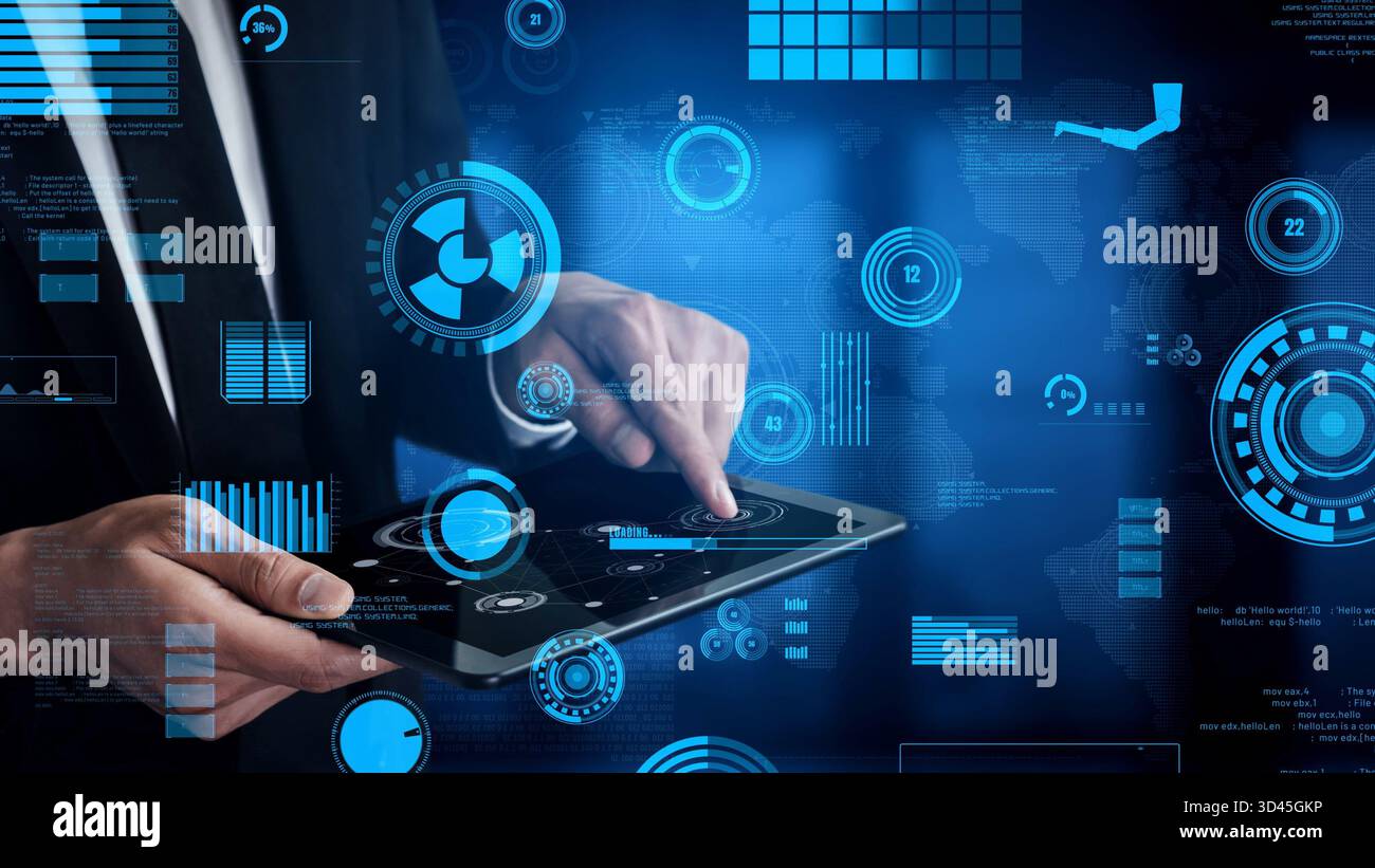 A businessman interacts with a tablet displaying a modern digital interface featuring analytics, graphs, and data visualization, illustrating Stock Photo