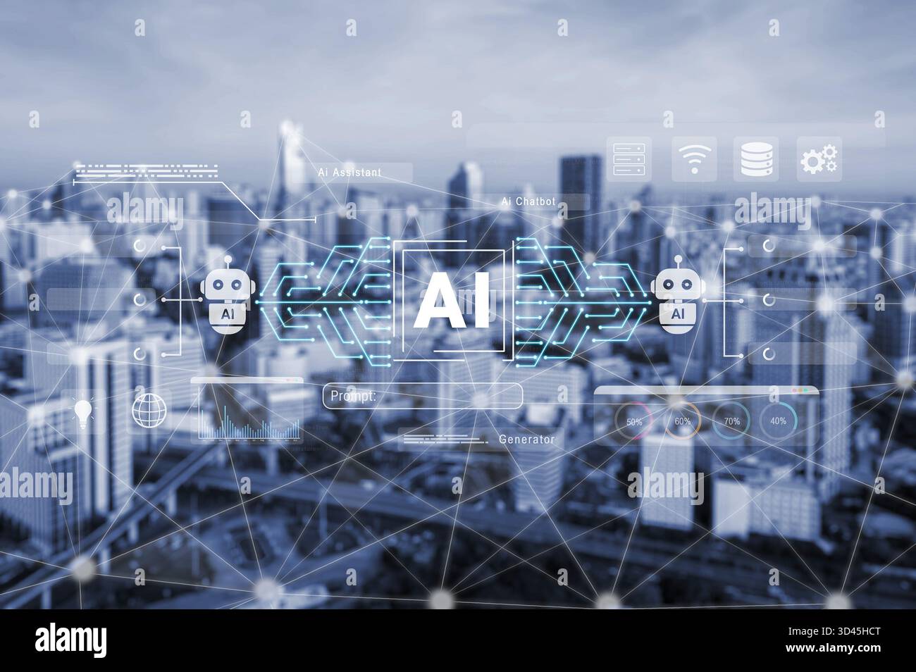 AI assistant and chatbot connection with digital circuit lines ...