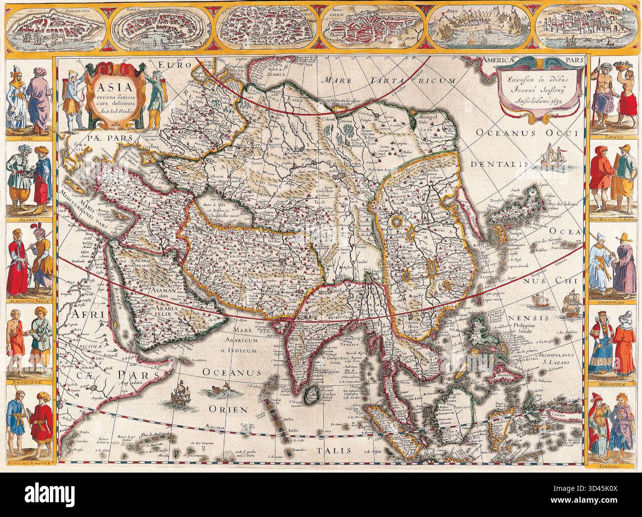 Antique Maps of the World Map of Asia Jan Jansson c 1632 Stock Photo ...